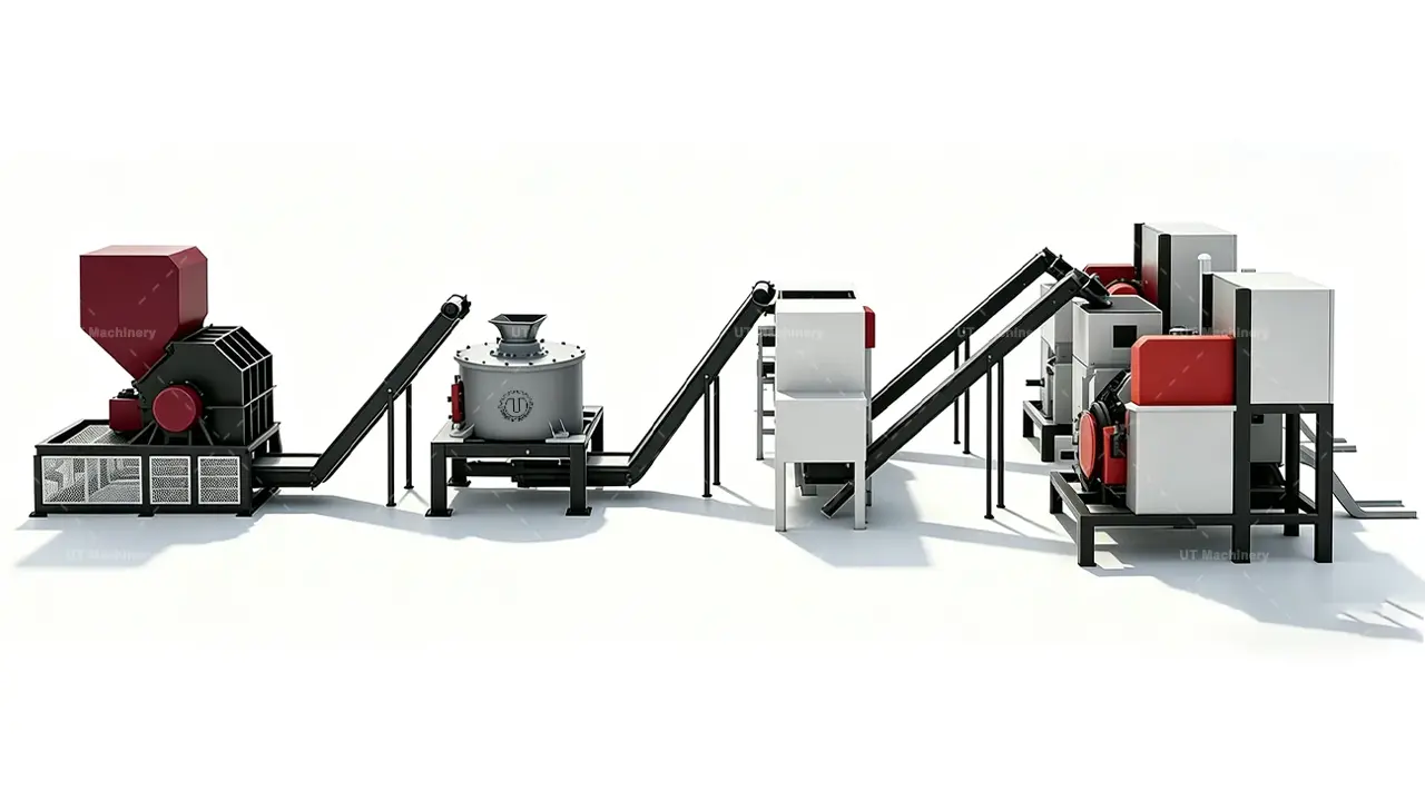 오일이 함유된 금속 절삭칩 재활용을 위한 UT Machinery의 전자동 금속 브리케팅 프레스 라인 측면도 도면