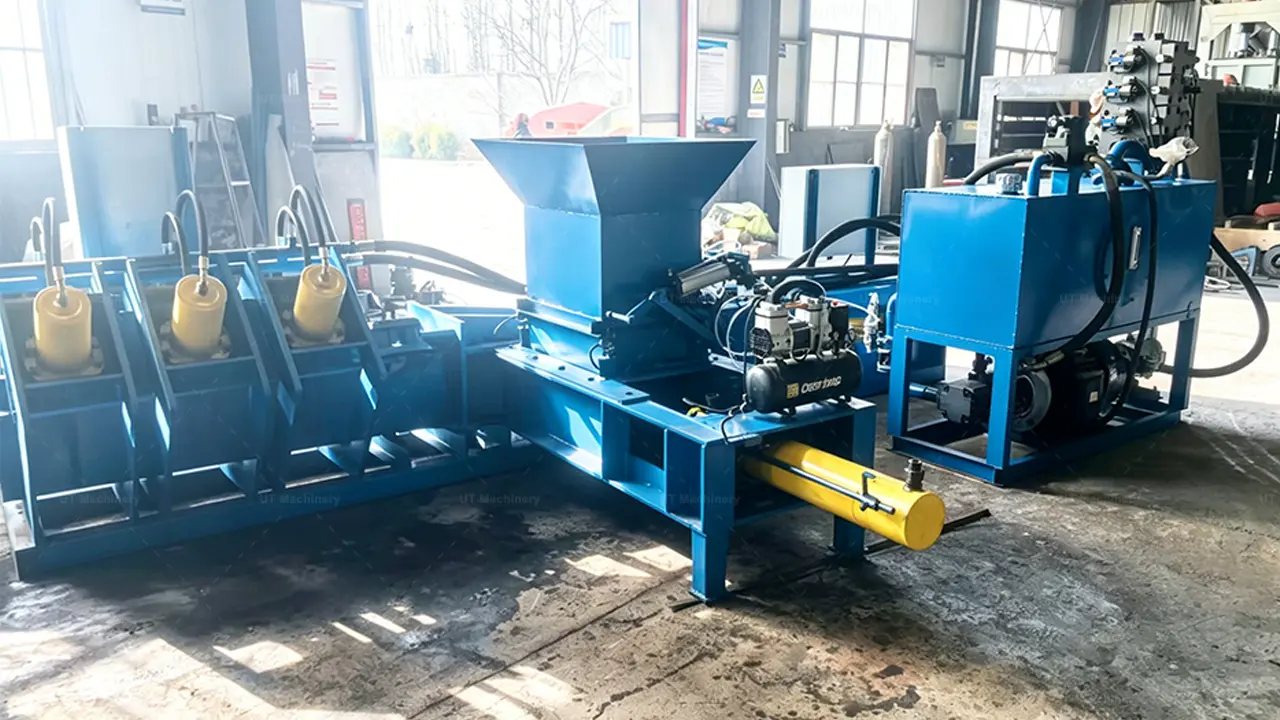 공장 작업장 내 자동 공급 호퍼와 에어 컴프레셔를 갖춘 UT Machinery 유압식 코코피트 블록 머신