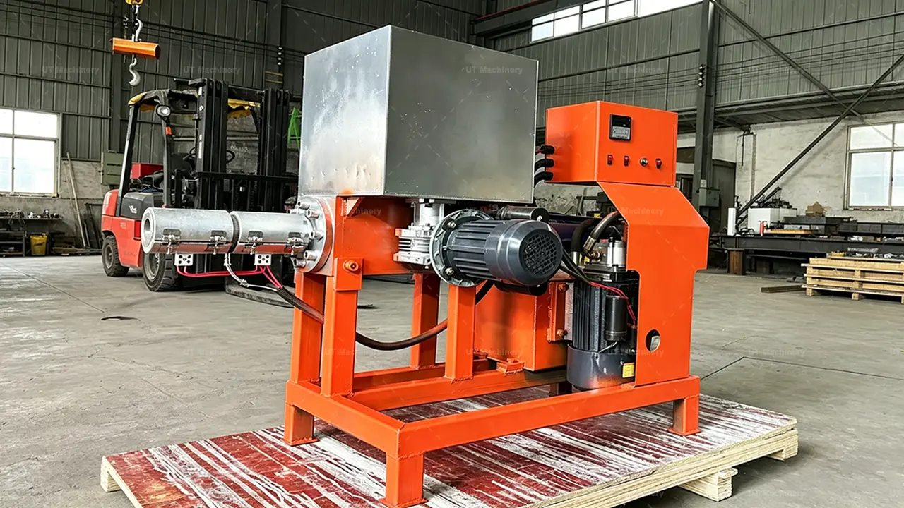 UT Machinery 공장 작업장에서 출고 준비 중인 산업용 톱밥 브리켓 기계와 지게차