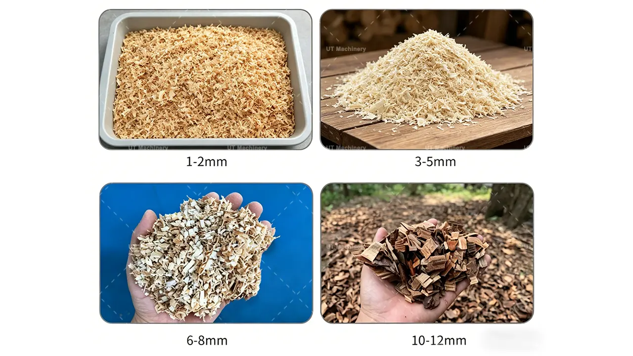 UT 목재 파쇄기로 생산된 1-2mm, 3-5mm, 6-8mm, 10-12mm 톱밥 입자 크기 비교
