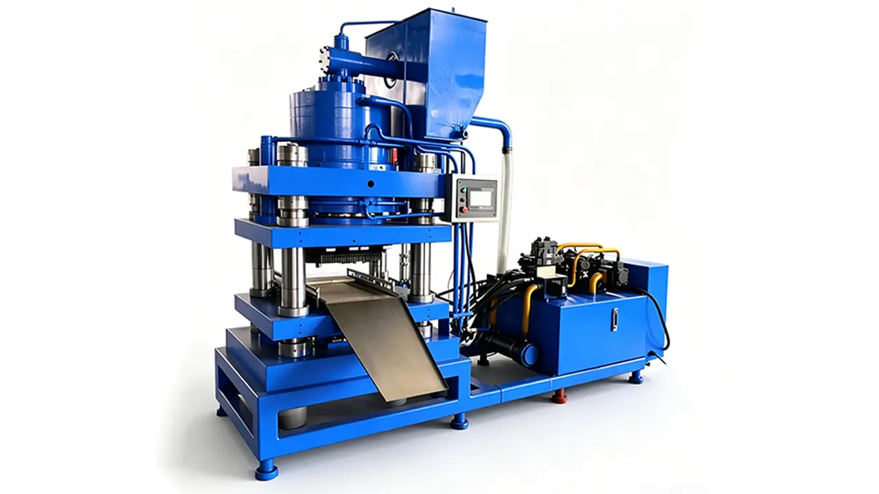 PLC 제어 시스템과 배출 램프가 통합된 UT Machinery의 자동 스테인리스 칩 브리케팅 압축기 (흰색 배경)