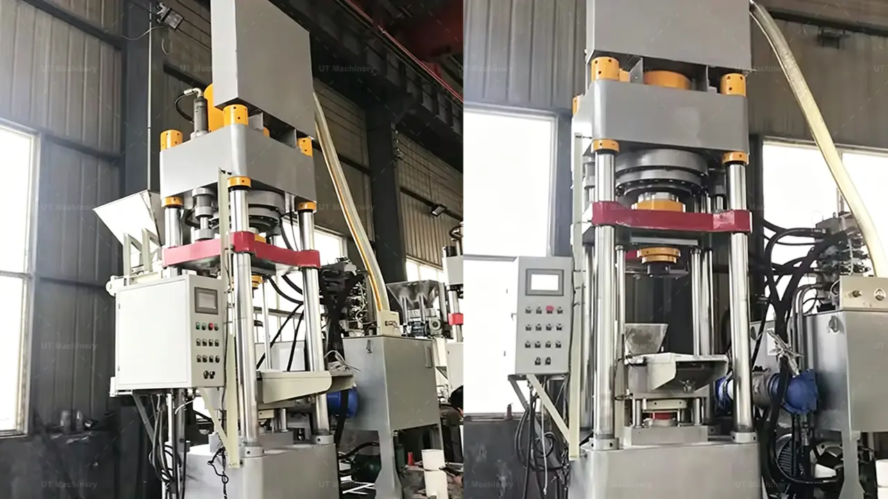 CNC 가공 공장에 설치된 자동 PLC 제어 패널을 갖춘 산업용 수직형 황동 칩 브리케팅 머신(압축기).