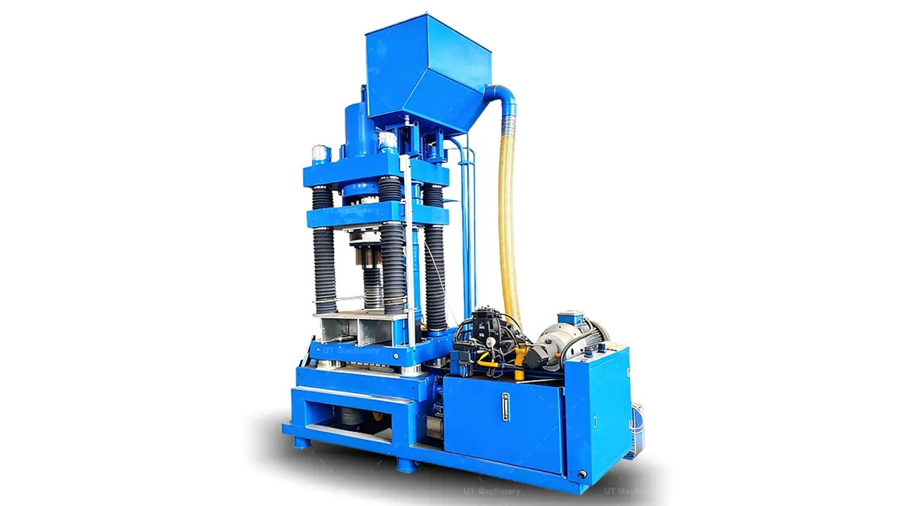 자동 상부 호퍼가 장착된 UT Machinery의 수직형 산업용 스테인리스 칩 브리케팅 머신
